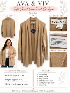 Ava & Viv Soft Camel Open Front Shawl Collar Knit Cardigan Sweater NWT - 3X